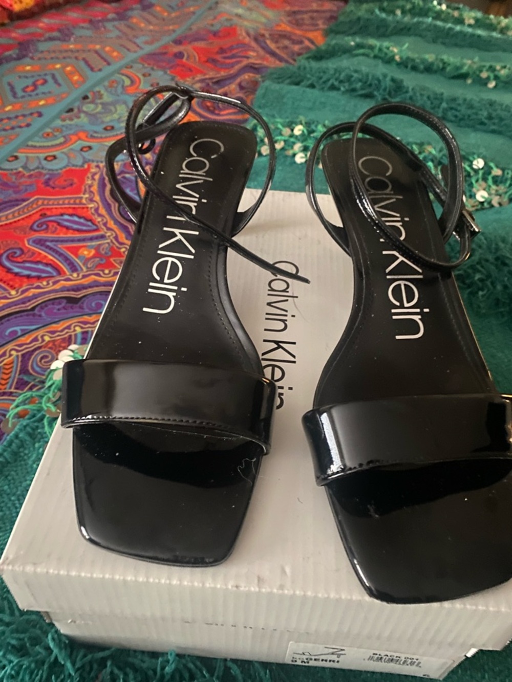 Calvin Klein Black Patent Square-Toe Strappy Sandals